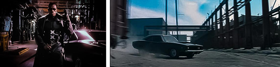man with a vehicle (left) and a vehicle driving erratically (right)