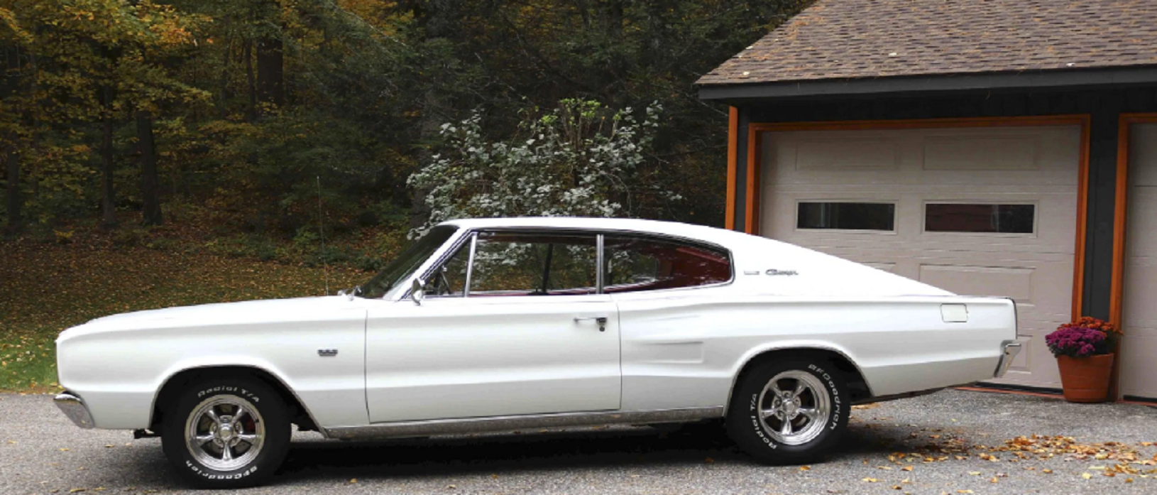 Driver side view of white 1966 Dodge Charger