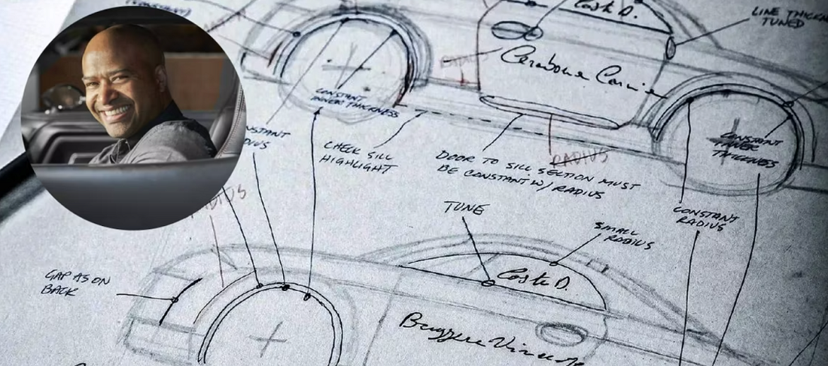 a photo of Ralph Gilles and a vehicle sketch